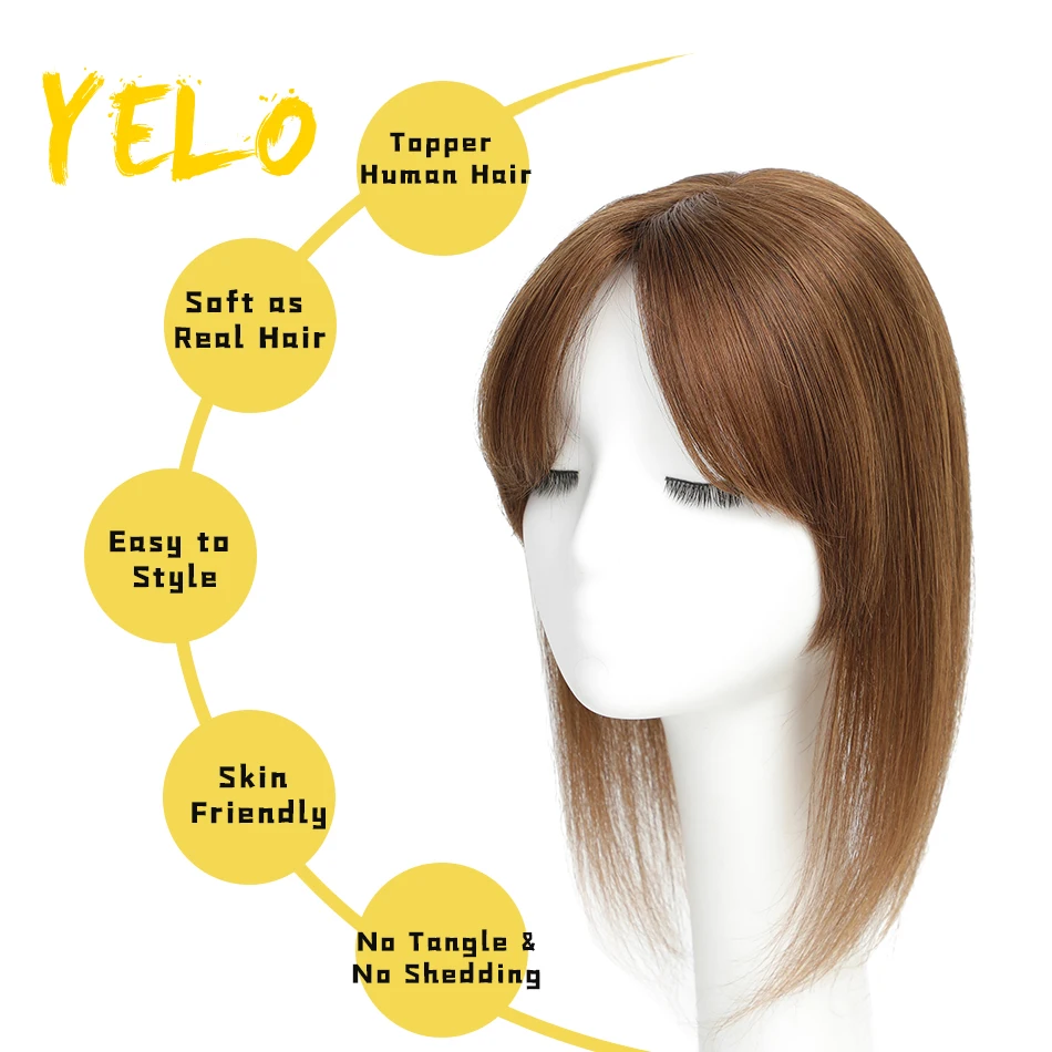 YELO Straight Human Hair Toppers Machine Remy Hair Piece Clip in For Women Topper for Beauty Natural Hand Made Mono Base Hair