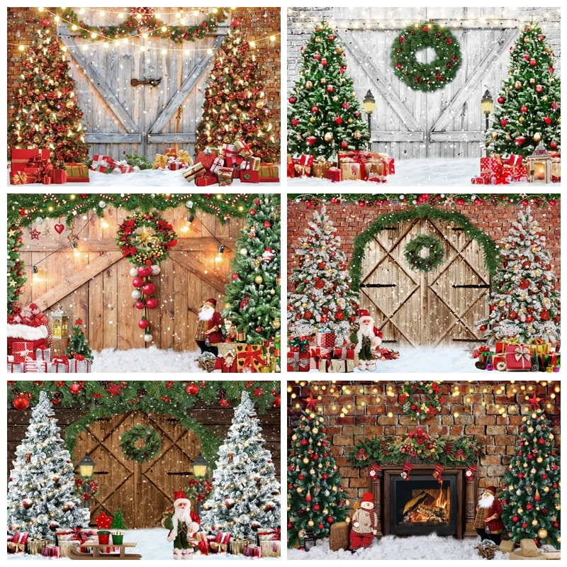 

Merry Christmas Backdrop Photography Snow Xmas Tree Wooden Door Gift Family Baby Portrait Background Party Decor Photo Studio