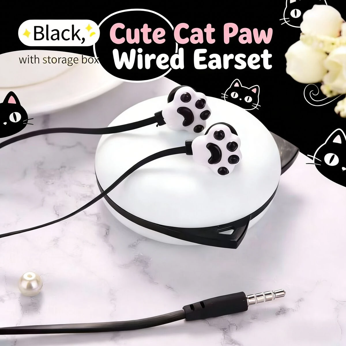 

Lovely Cat Paw Design Kids In-ear Earphones 3.5mm Jack Rotate Storage Case HD Sound Mic for Android IOS Children Daily Gift