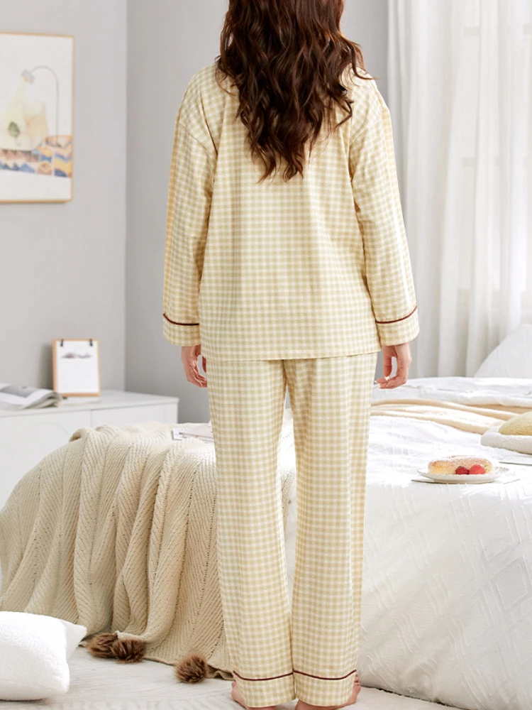 Plaid Pajama Sets Women Loose Casual Home Panelled Sleepwear Lounge All-match Ulzzang Soft Long Sleeve Tender Classic Pijamas