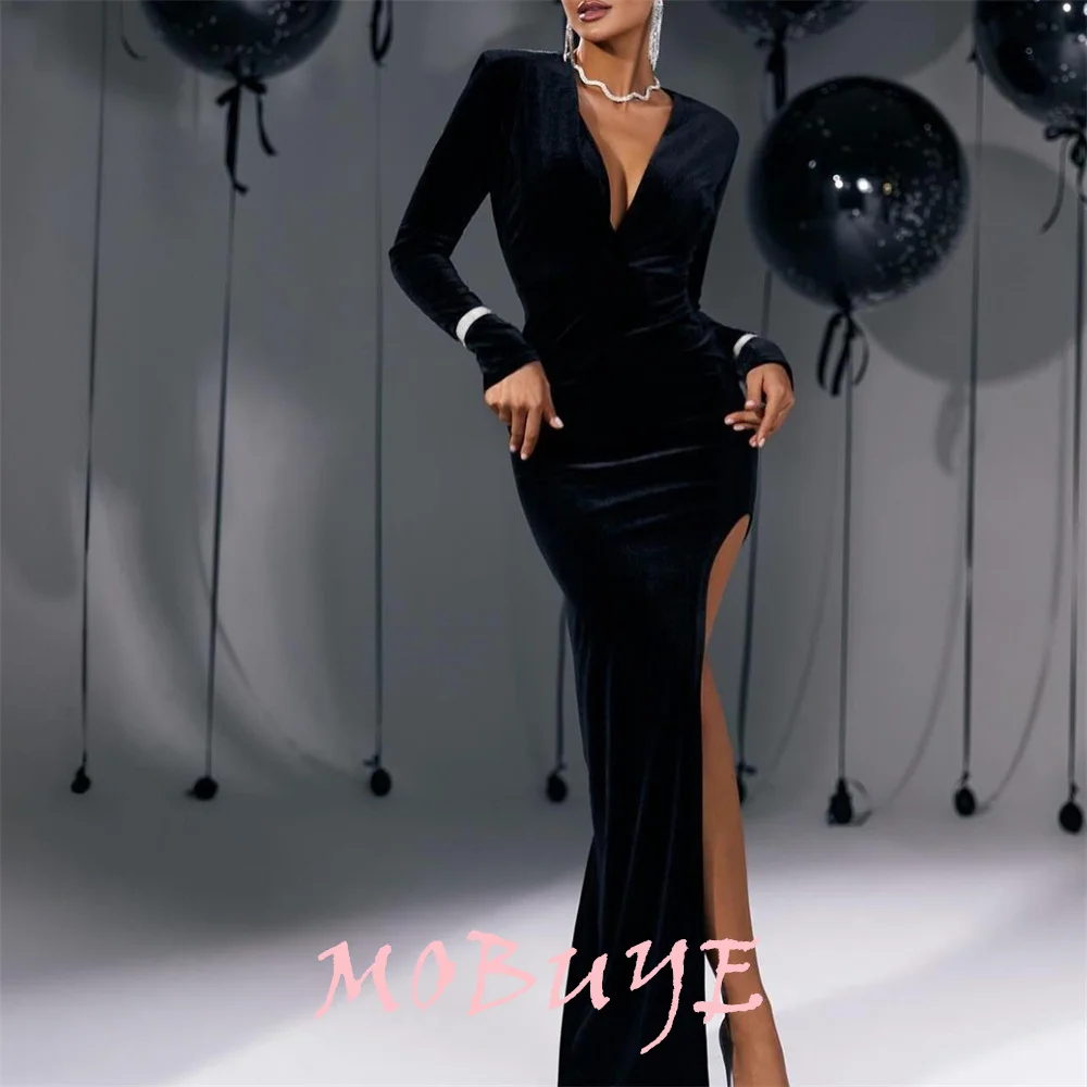 MOBUYE 2024 Popular V Neckline Prom Dress Split Floor-Length With Long Sleeves Evening Fashion Elegant Party Dress For Women