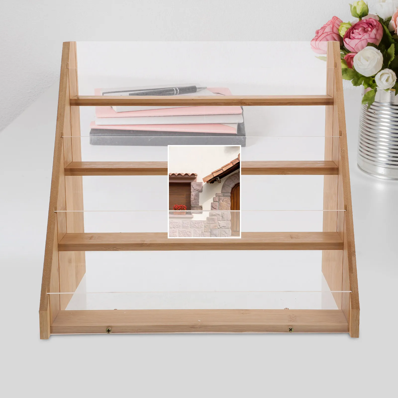 Bamboo Greeting Card Organizer Multi-Layer Display Stand for Postcards Photos Birthday Cards Tabletop Holder Display Cabinet