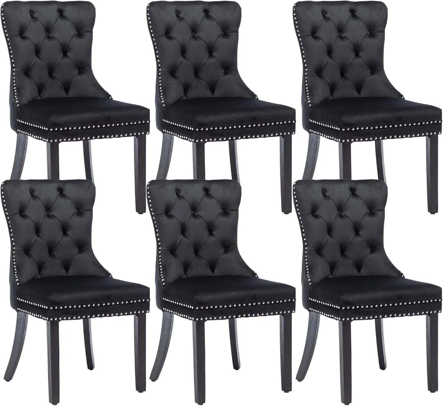 Velvet Dining Chairs Set of 6, Upholstered High-end Tufted Dining Room Chair with Nailhead Back Ring Pull Trim Solid Wood Legs