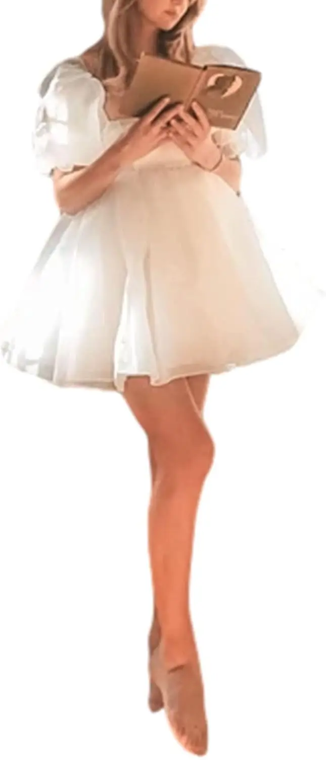 Women's Puff Sleeve Tulle Princess Dress Off Shoulder Square Collar Mini Dress Puffy Mesh Party Prom Evening Homecoming Dress