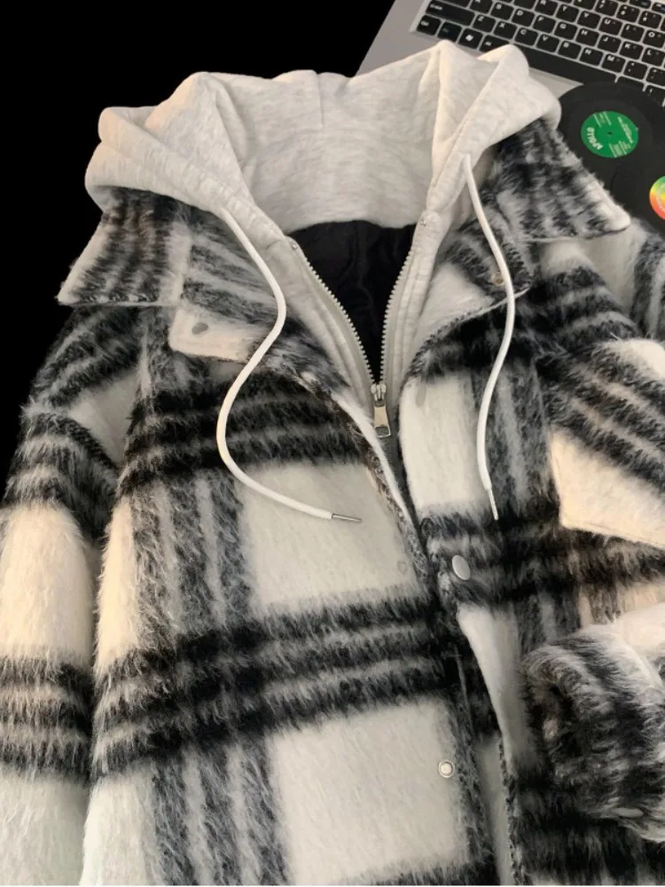 

Men's Winter Thiened Loose Cotton Jaet Plaid Hooded Coat American Sle Casual Warm Faionable Youth Culture