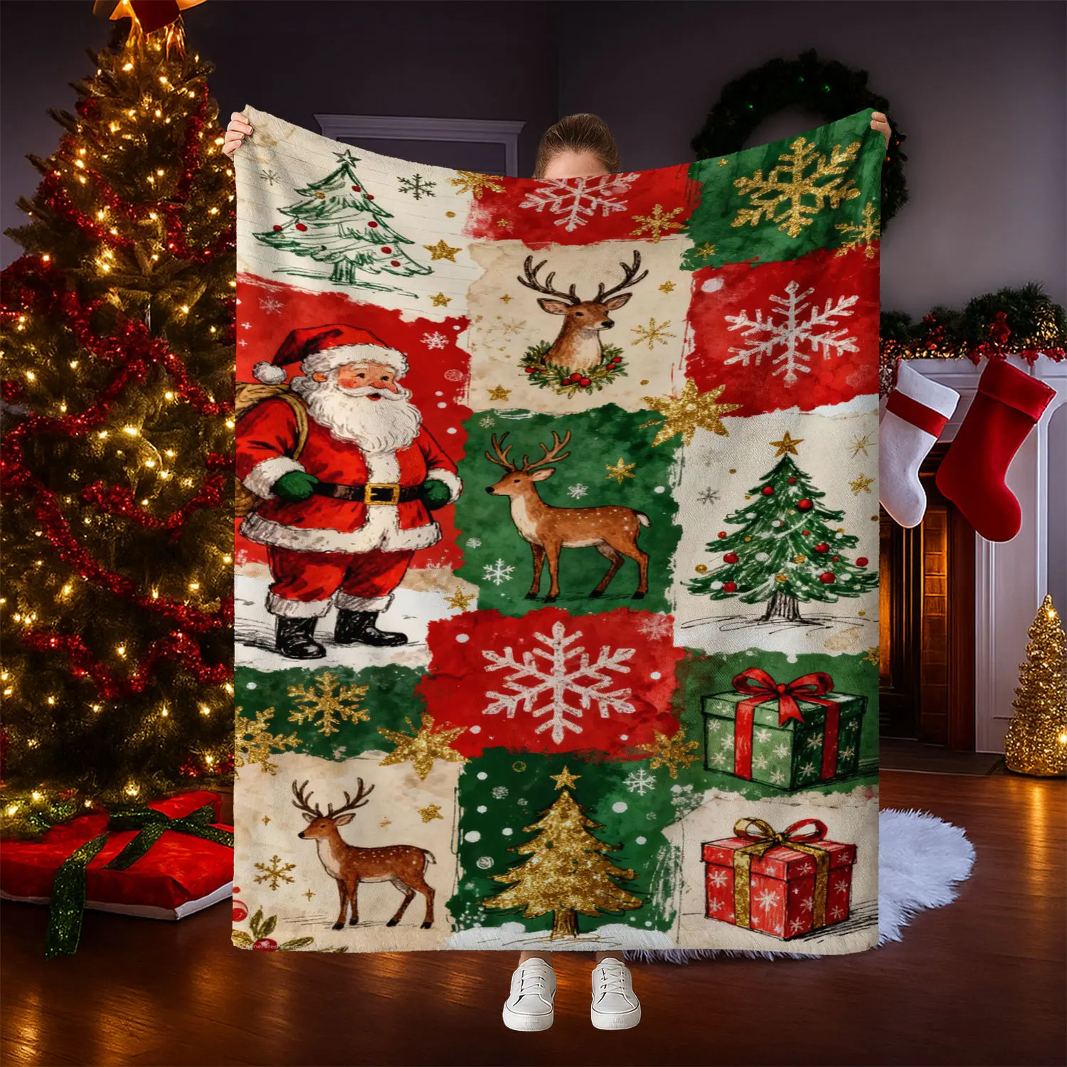 VIKAMA Christmas Santa Reindeer Snowflake Fleece Blanket Patchwork Soft Plush Throw Sofa Bed Xmas Holiday Decor Gift