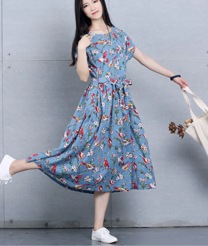 2022 autumn fashion women clothing casual loose Oversize dress  thin blue linen printed short-sleeved vintage dresses female