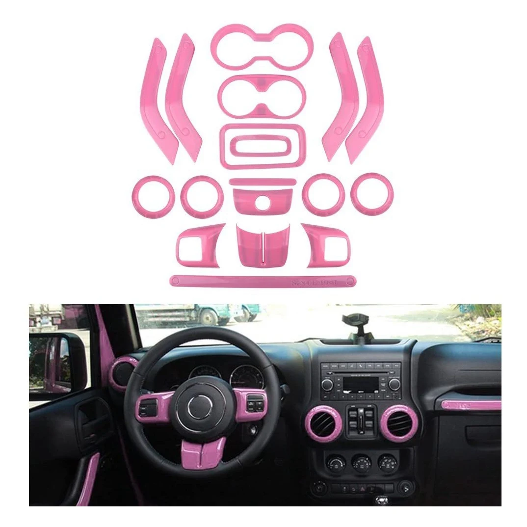 (PINK 18PCs) Car Decoration Steering Wheel & Center Console Air Outlet Trim for Jeep Wrangler JK JKU 2011-18