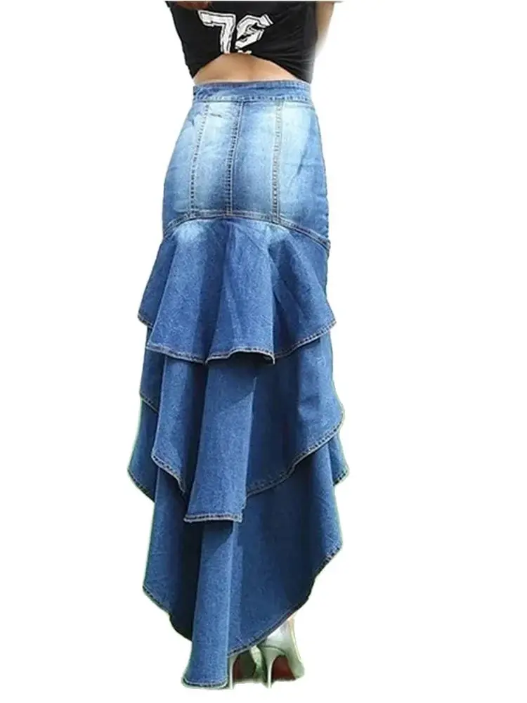 Women Ruffle Asymmetric Denim Skirt High Waist Vintage Casual Sexy Skinny Chic Fashion Female Denim Tight Fitting Long Skirts