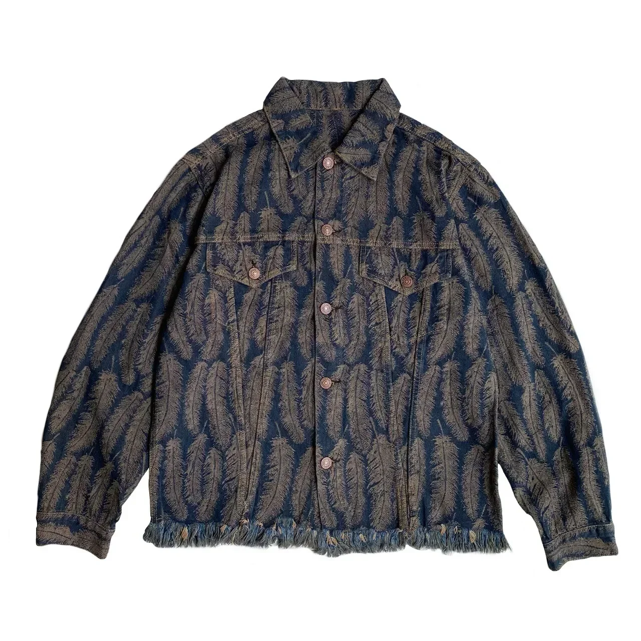 

Non Kapital Vintage Cotton Feather Tassel Jacquard Lapel Men's Single Breasted Denim Jacket Washed Coat Annual Jia Brand