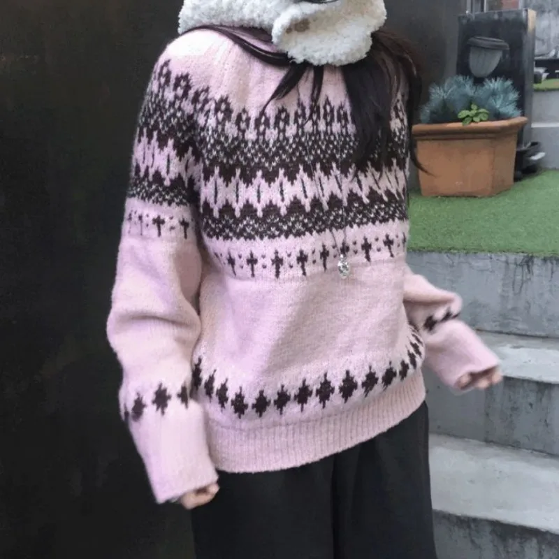 Matakawa Vintage coreano moda maglioni donna top stampa spessa rosa caldo Pull Femme autunno inverno carino pullover sciolti