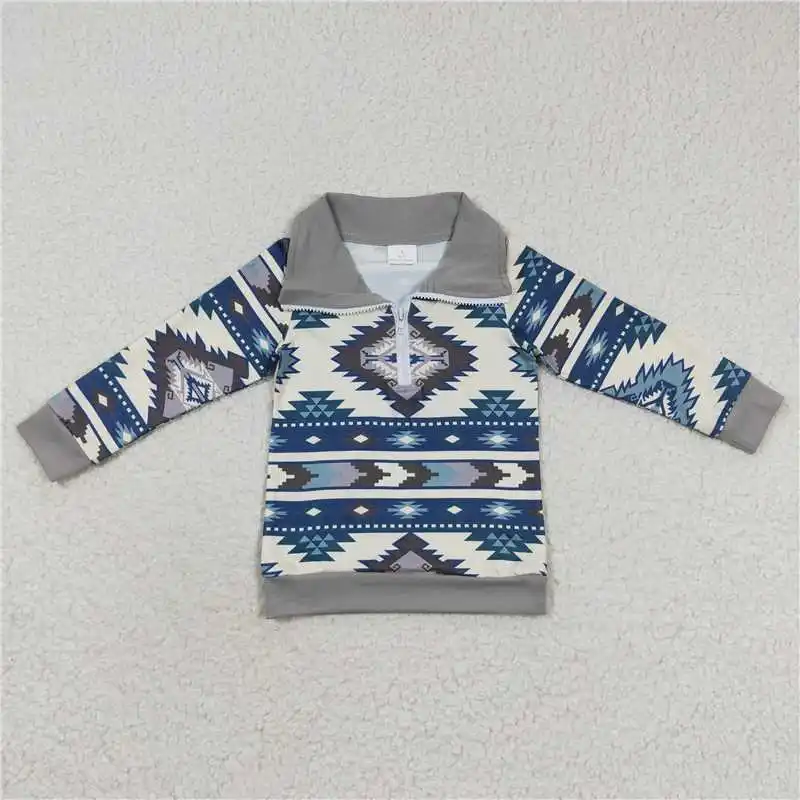 aztec Geometric Light Gray Zip Long Sleeve Top