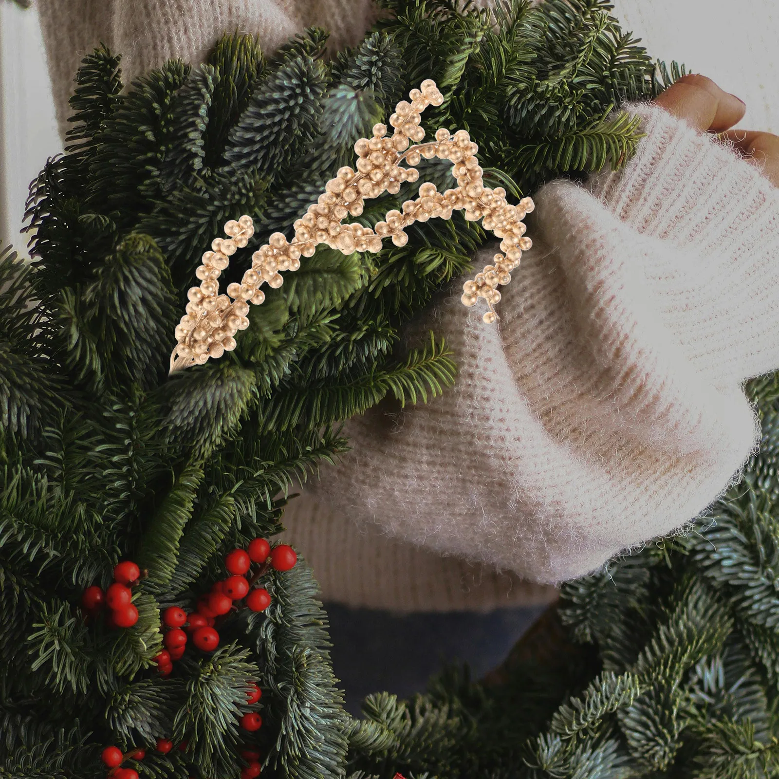 3 قطع من فروع التوت الذهبية المقلدة فروع الزهور الاصطناعية لديكور المنزل وحفلات عيد الميلاد #4