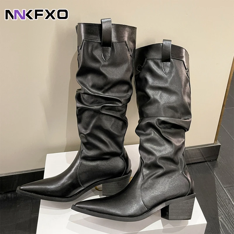 

Женские Классические черные сапоги до колена, сезон осень-зима, универсальные сапоги из искусственной кожи, сапоги с острым носком и квадратным каблуком, QB314, 2023