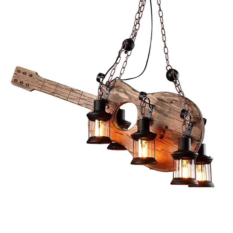 

Vintage guitar chandelier industrial wind solid wood creative personality bar agritainment music bar restaurant lighting