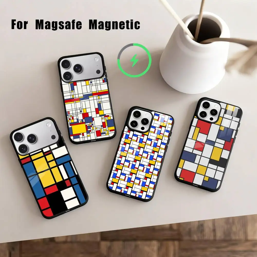 

Grid T-TOPLBPCS M-Mondrian Phone Case For iPhone17,16,15,14,13,12,11 Plus,Pro Max Magnetic For Magsafe Wireless Charging