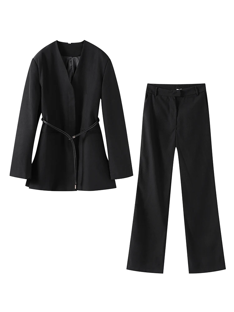 Solid V Neck Belt Blazer Coat Sets Women High Waist Wide Leg Lady Long Pant Set 2025 Spring Full Sleeve Side Split Female Suit