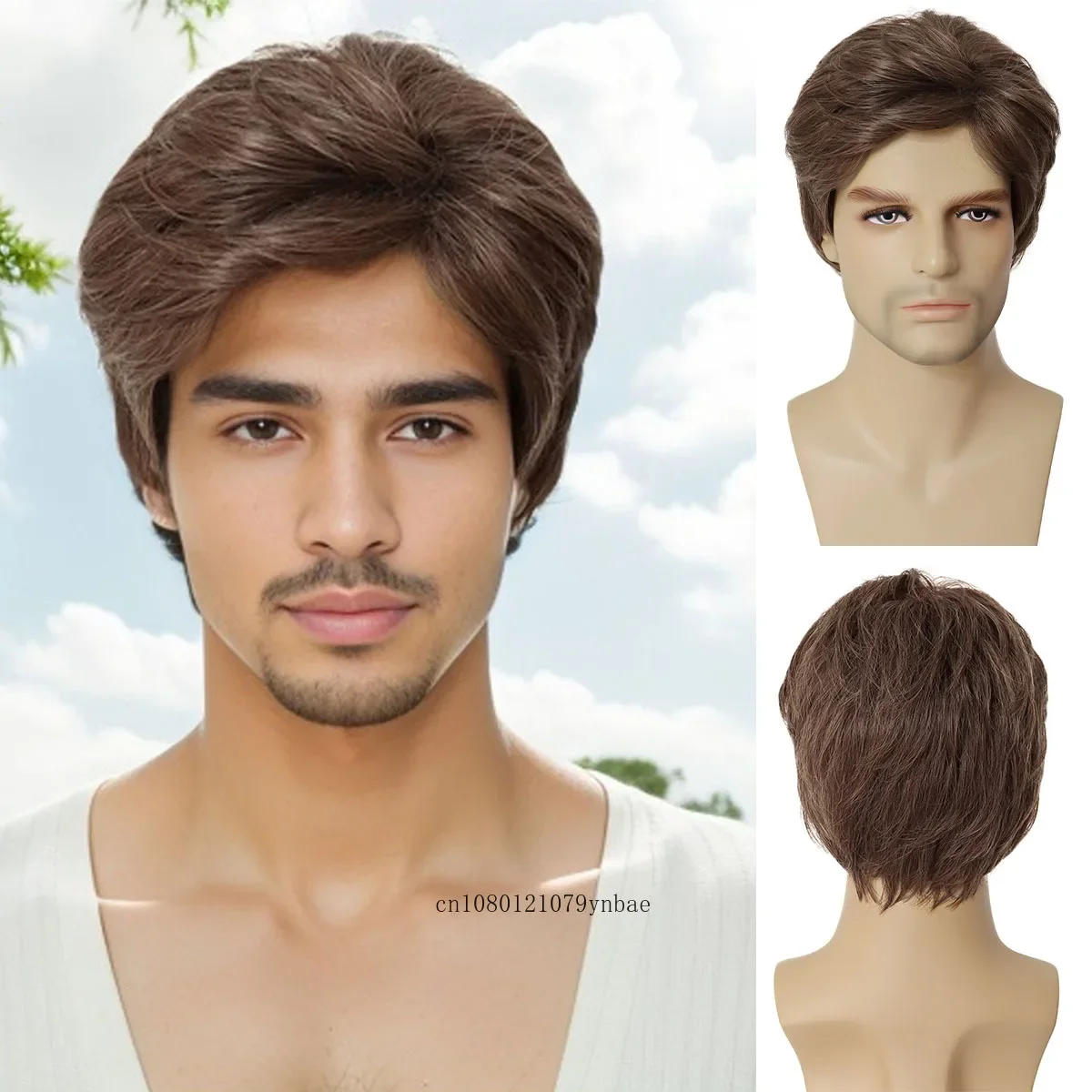 Synthetic Mens Wig Natural Short Straight Brown Wigs with Bangs for Male Father Wig Daily Cosplay Costume Party Halloween Use