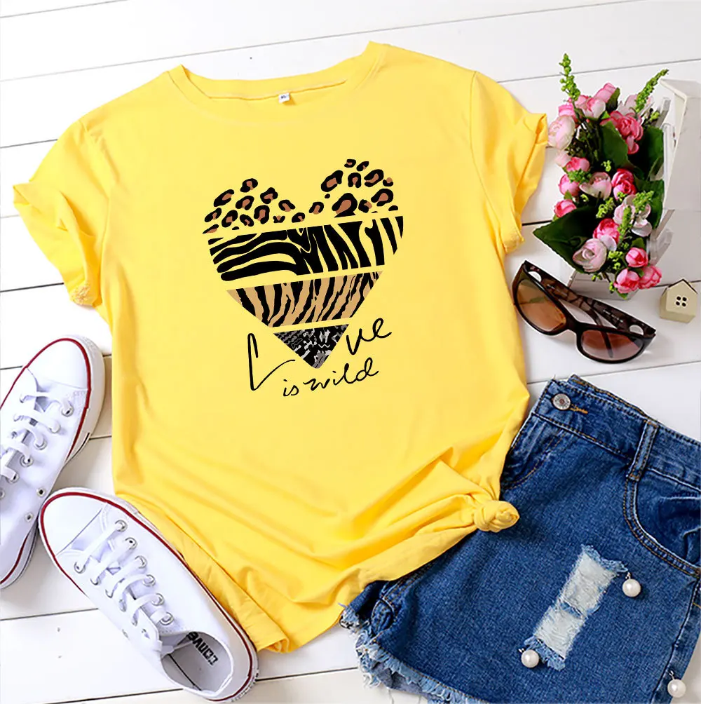 

Cotton 100% Women's Leopard Print Heart Letter Pure Cotton Short-sleeved T-shirt. Women T-shirt