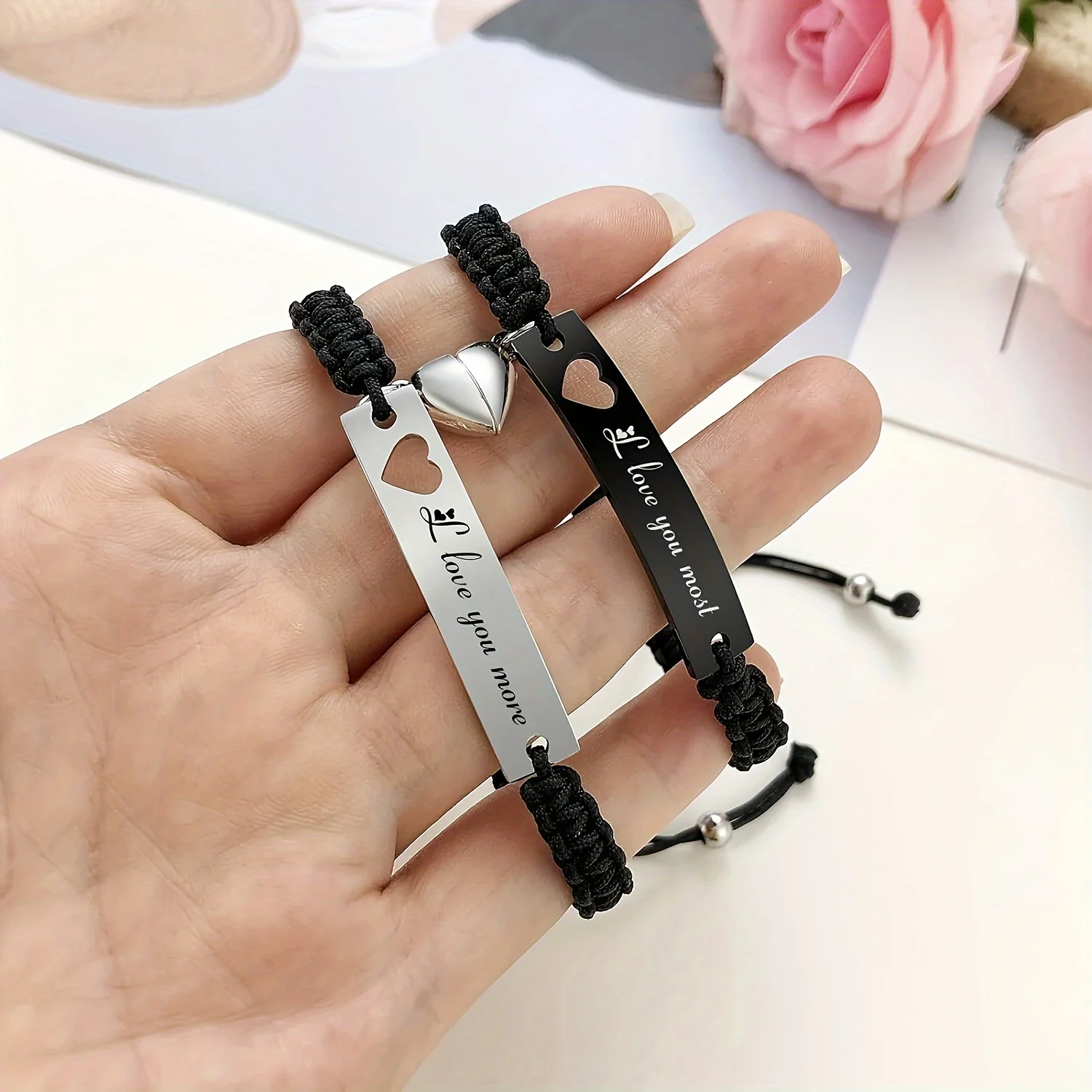 1 Pair Heart Matching Couples Bracelets - Adjustable Braided Engraved Name Logo Bracelet Anniversary Birthday Gifts Dropshipping