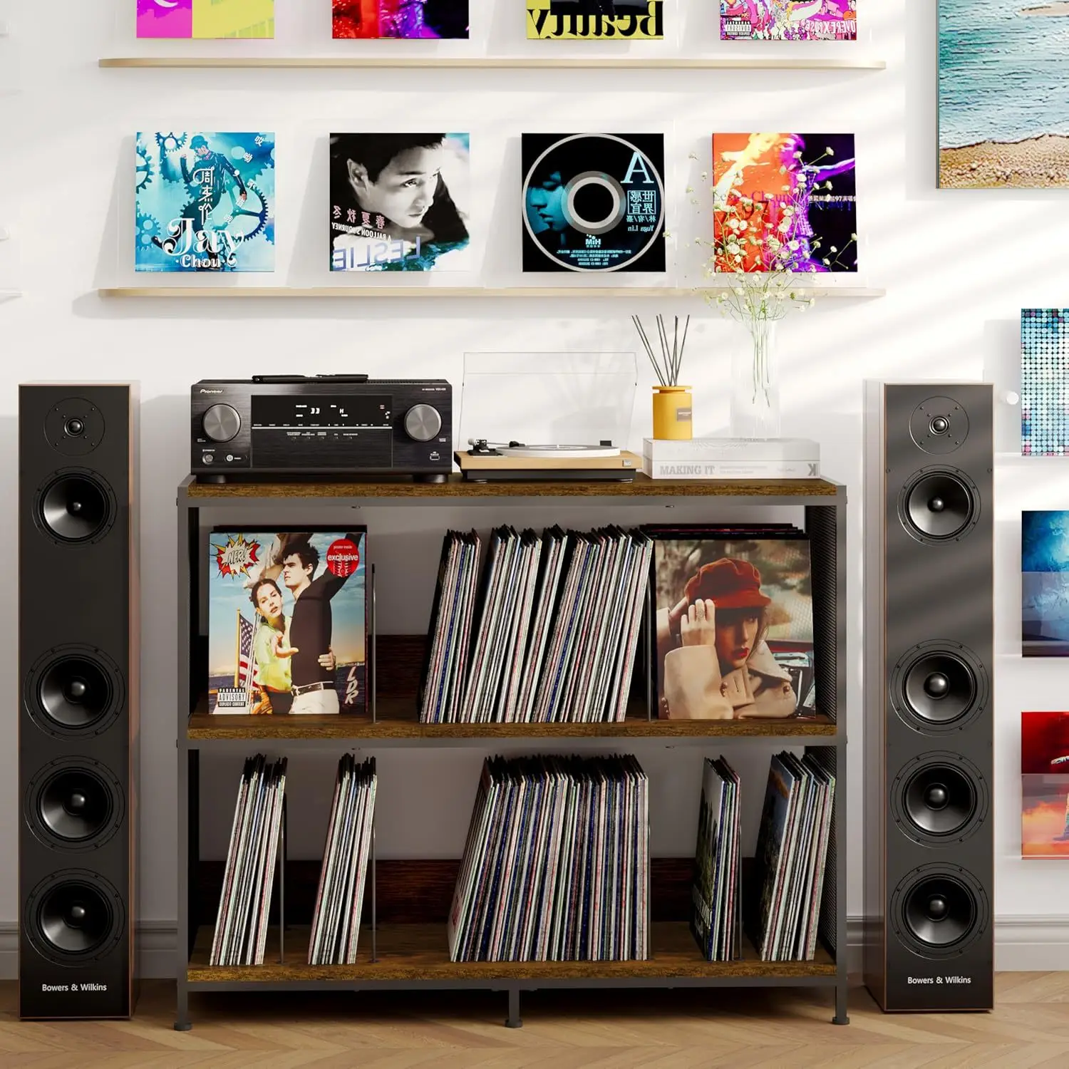 Mesa para tocadiscos, estante de almacenamiento de discos de vinilo bilateral, estante para tocadiscos, combinación de hierro y madera