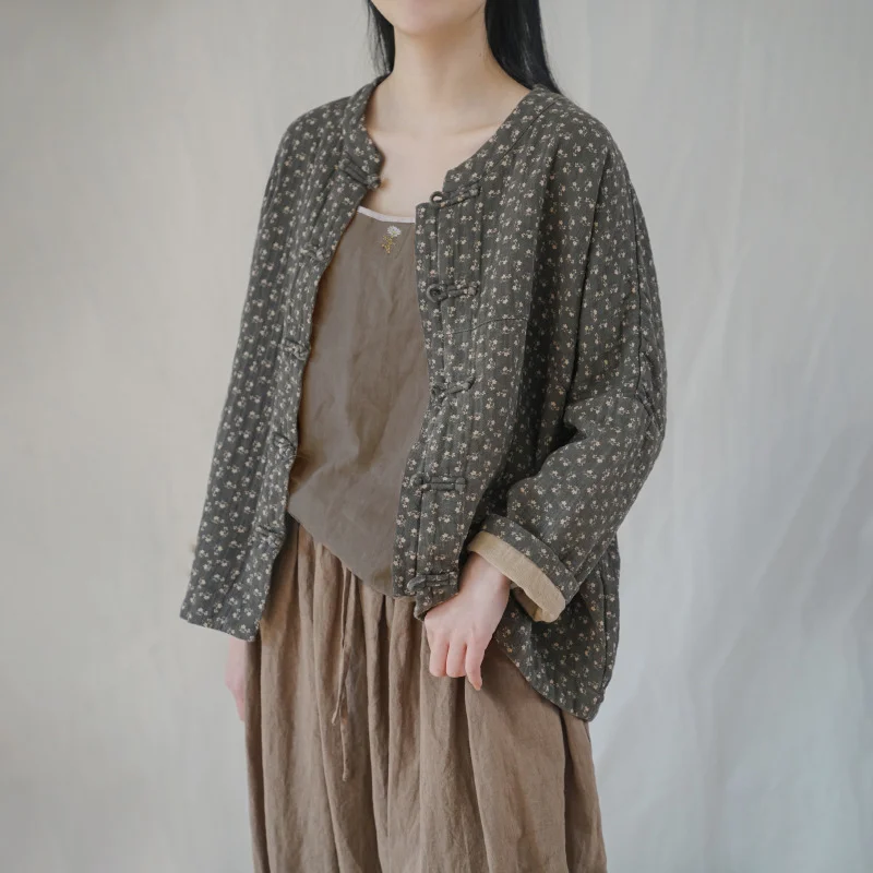 

Vintage Classic Cardigan Jackets Loose Stand Collar Single Breasted Tops 2026 New Chinese Style Long Sleeve Print Women Coats