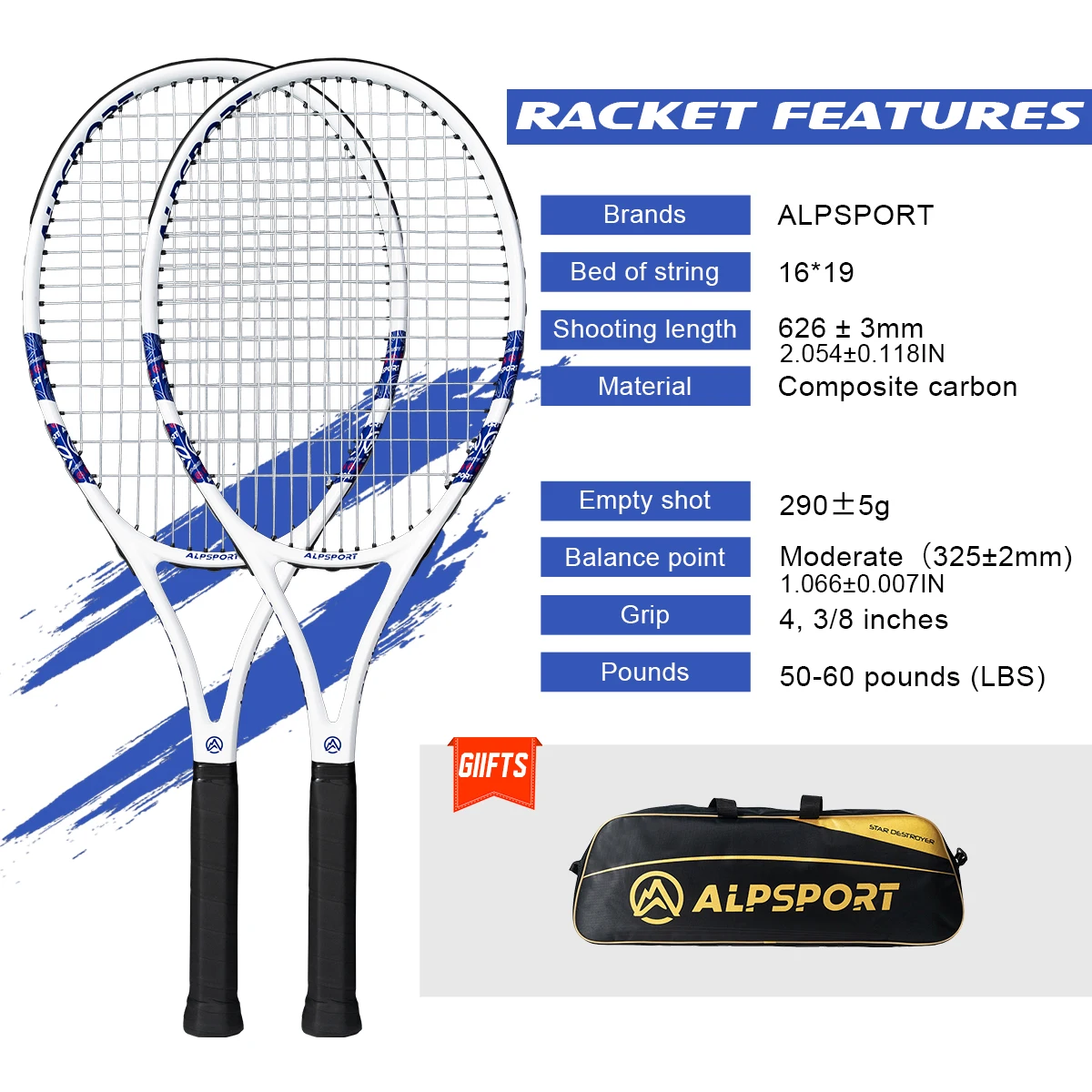 ALPSPORT Koolstofvezel Tennisracket T800 18K Professioneel racket met tas Lichtgewicht riem Trainingsracket voor volwassenen Heren Dames