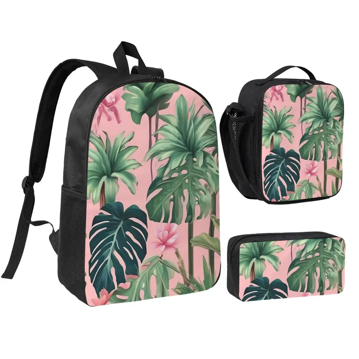 Tropical Palm Leaves Foliage Backpack Student BookBag School Bag Shoulder Bags 3ps Insulated Lunch Bag Pencil Case
