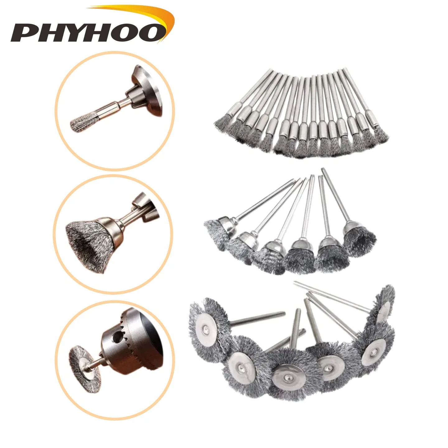 PHYHOO 3mm Steel Wire Rotary Brush for Metal Rust Removal and Polishing Electric Abrasive Tool Accessory Set