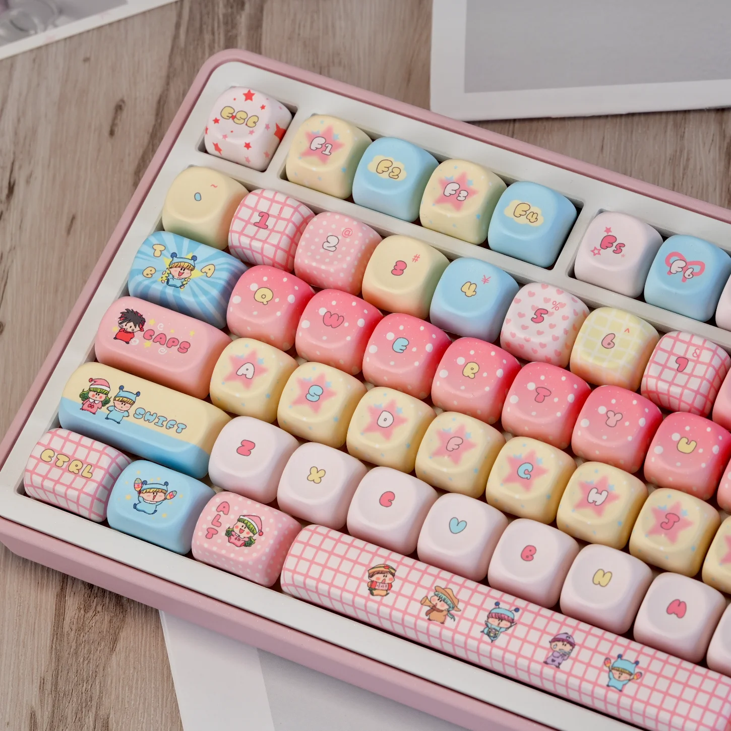 Magic Cat Keycap Set PBT 129 Key Cherry MOA Color Pink Suitable for 60/84/98/108 Mechanical Keyboard view 4