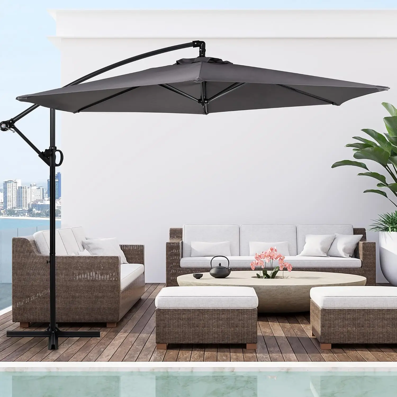 Patio Offset Umbrella with Easy Tilt Adjustment,Crank and Cross Base, Outdoor Cantilever Hanging Umbrella, Sunshade U