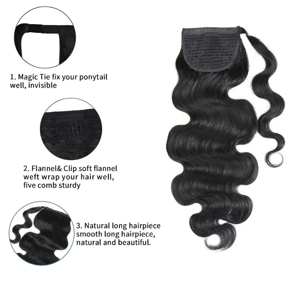 Coda di cavallo dell'onda del corpo Capelli umani Pasta magica brasiliana Clip-in Equiseto Nero naturale Adatto per le donne