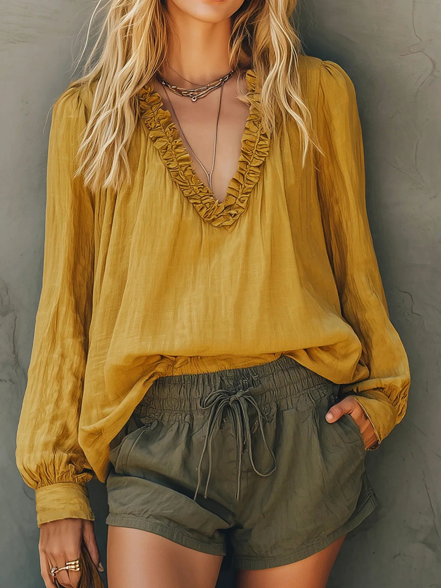 Women's Loose Long Sleeve V-Neck Shirt Versatile Pure Color Bell Sleeve Daily Wear Comfortable Breathable Polyester T-Shirt