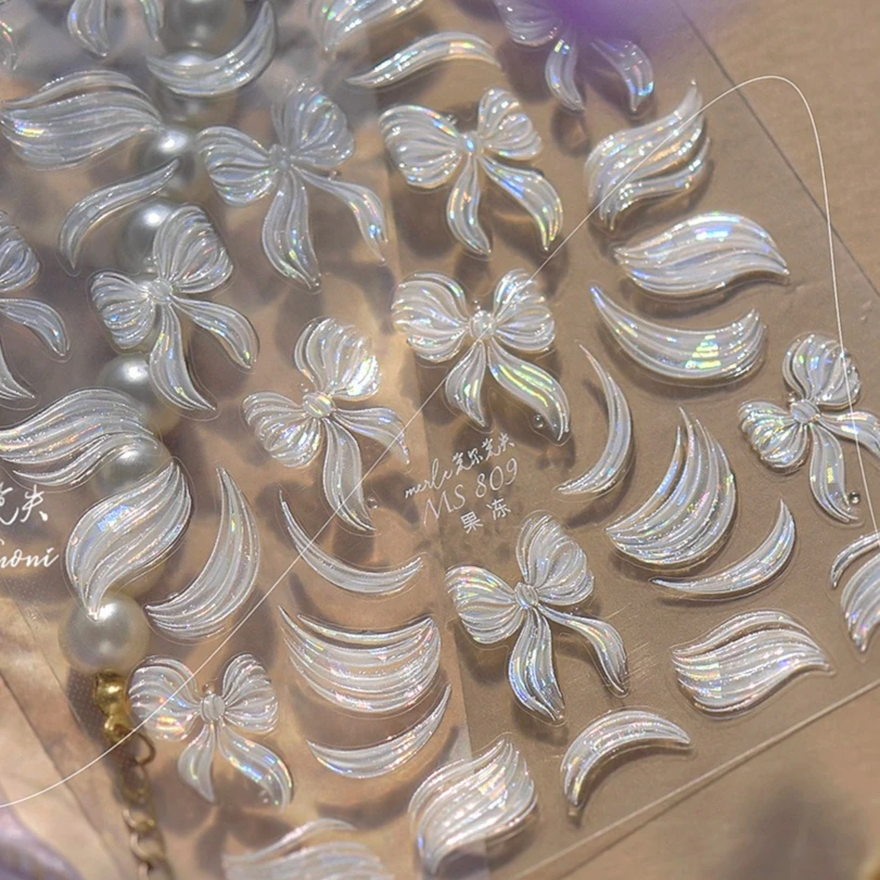 Shiny Delicate Bowknot Ribbon Jelly White Streamer Line Chic Tie Sparkle Adhesive Nail Art Stickers Manicure Decals Decorations