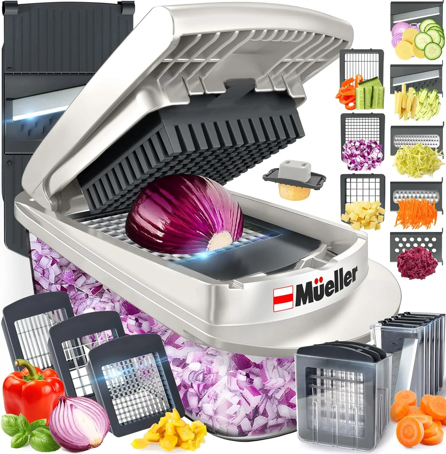 Mueller Pro-Series 0-in-1,8Blade Vegetable Chopper, Onion Mincer,Cutter, Dicer, Egg Slicer with Container, Cutter Potatoe Slicer