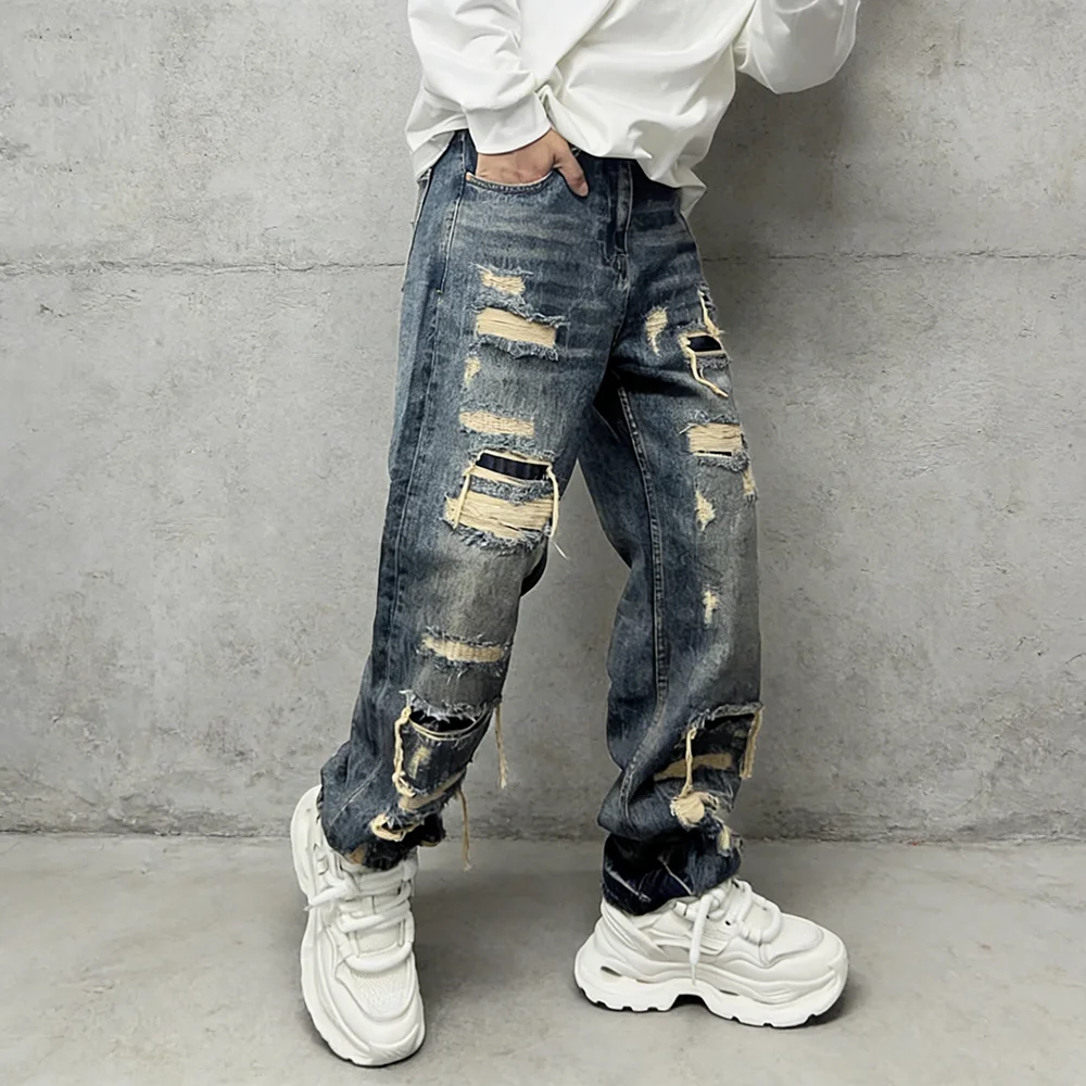 

Мужские рваные джинсы-багги с эффектом потертости, уличные брюки для скейтбординга, прямые штаны с пэчворком, оверсайз, городская мода, рабочая одежда