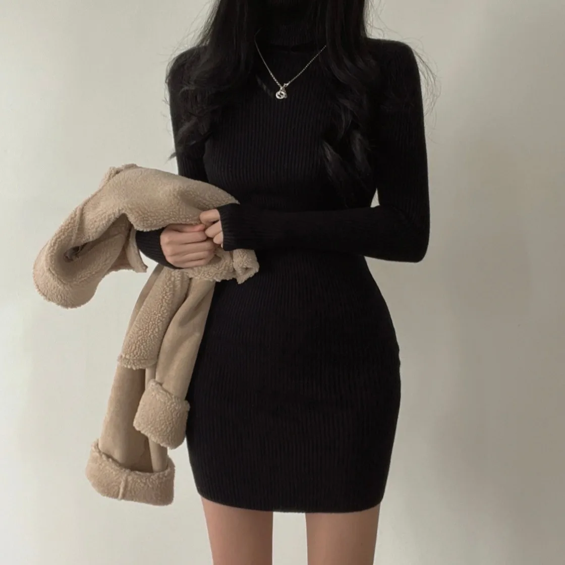 Women's Knitted High Collar Slim Fit Dr Chic Autumn Winter Versatile Base Layer Simple Elegance Body a Wrap around S...