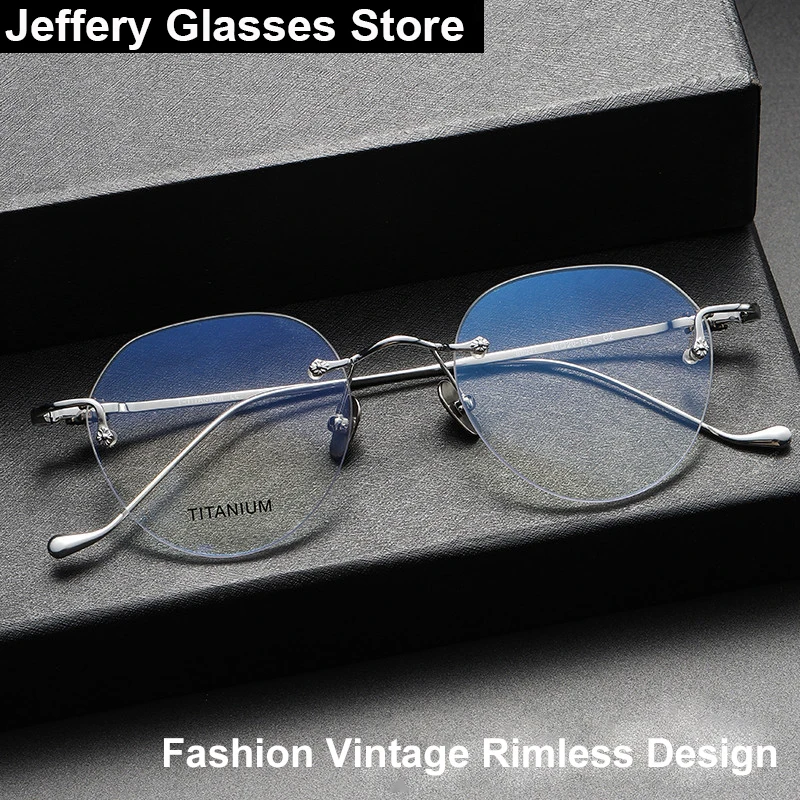 Handmade Pure Titanium Rimless Glasses Frame Men Women Retro Oval Ultralight Eyeglasses Myopia Frameless Prescription Gafas