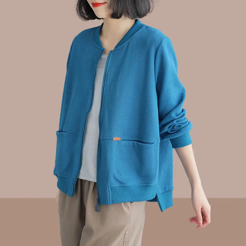 High-End Women's Asymmetric Hem Long Sleeve Baseball Jacket Casual Spring Outerwear Commute Style Loose Fit Zipper Design