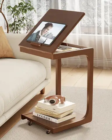 Wooden C-Shaped End Table,Couch Table with Adjustable Desktop,Small Rolling Side Table with 2 Lockable Wheels,Small End Table fo