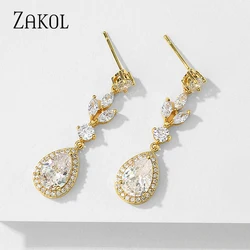 ZAKOL Brand Unique AAA Cubic Zirconia Drop Earrings Elegant Water Drop Crystal CZ Bridal Wedding Jewelry