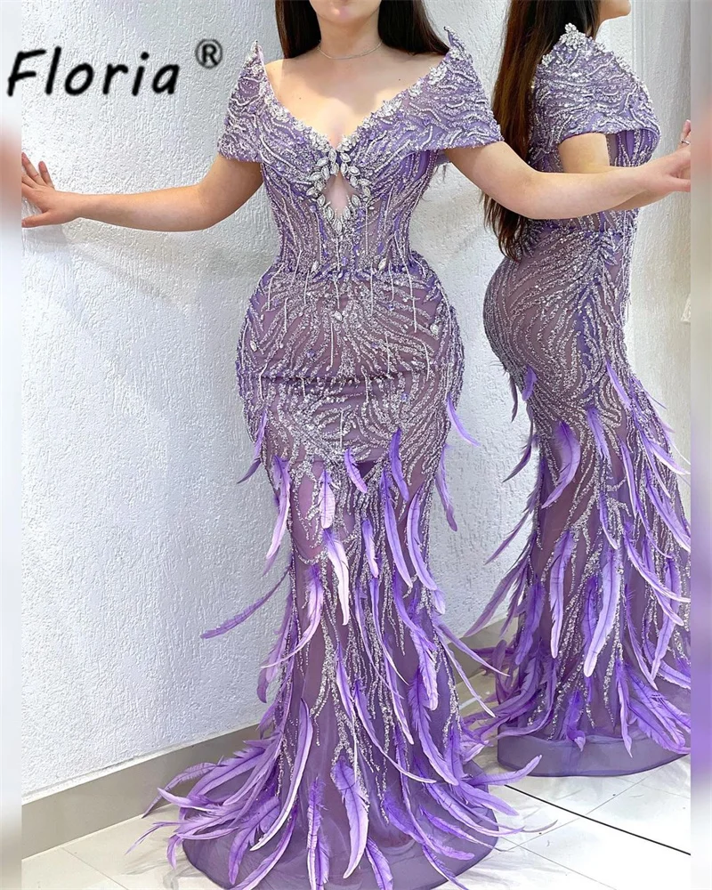 Luxury Purple Off Shoulder Feather Beadings Wedding Dresses Sequin Crystal Tassel Mermaid Formal Occasion Gown Robe de soiree