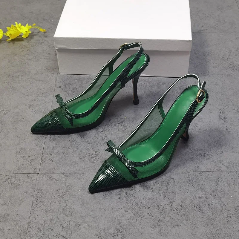 

Pointed Toe Mesh Stiletto Slingback Sandals Bow Leather Large Size Women Shoes Nightclub Super High Heels Sandalias Mujer