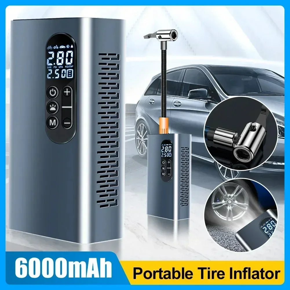 Aluminum Alloy Cordless Car Tire Inflator 6000mAh USB Rechargeable Air Compressor for Car Motorcycles Bicycles Balls