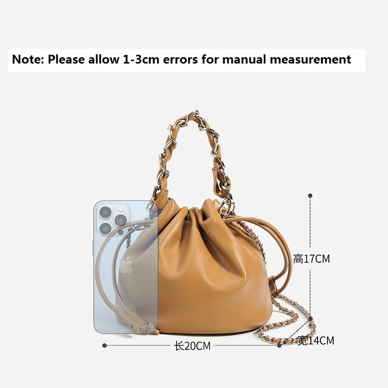 VIELINE Women\'s Drawstring Crossbody Bucket Bag Genuine Leather Small Chain Shoulder Handbag for Ladies