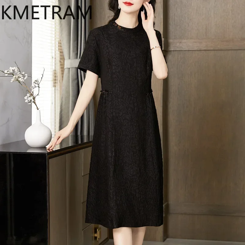 KMETRAM 100% Mulberry Silk Dress Women Elegant Party Long Dresses Female 2024 Summer Black Dress Women Clothing Vestidos Largos