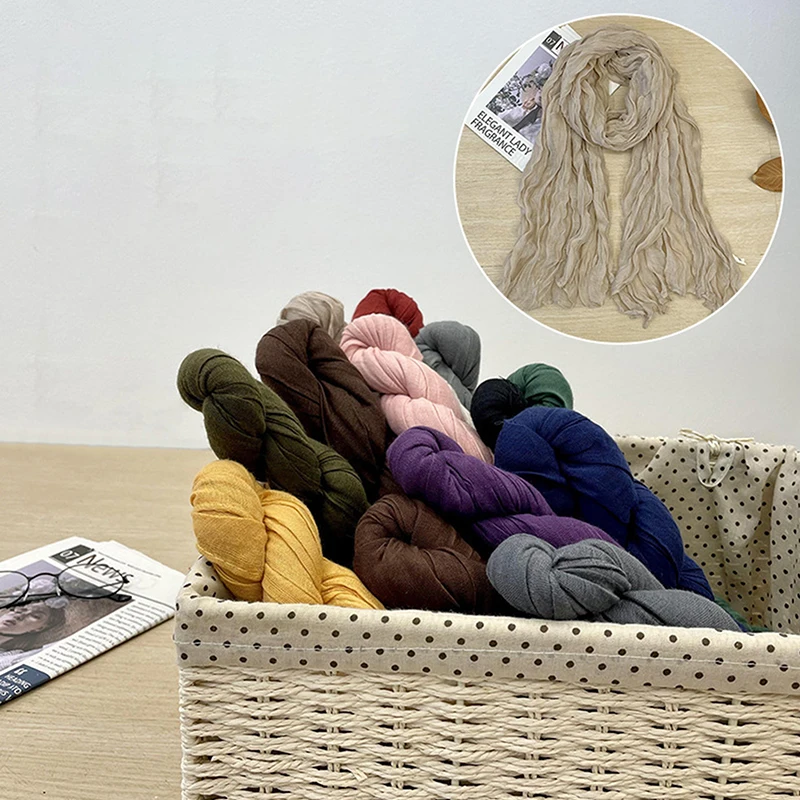 Korean Style Cotton Linen Folded Women's Scarf Thin Pure Color Simple Match Long Shoulder Wrap Neck Warmer Silk Scarf