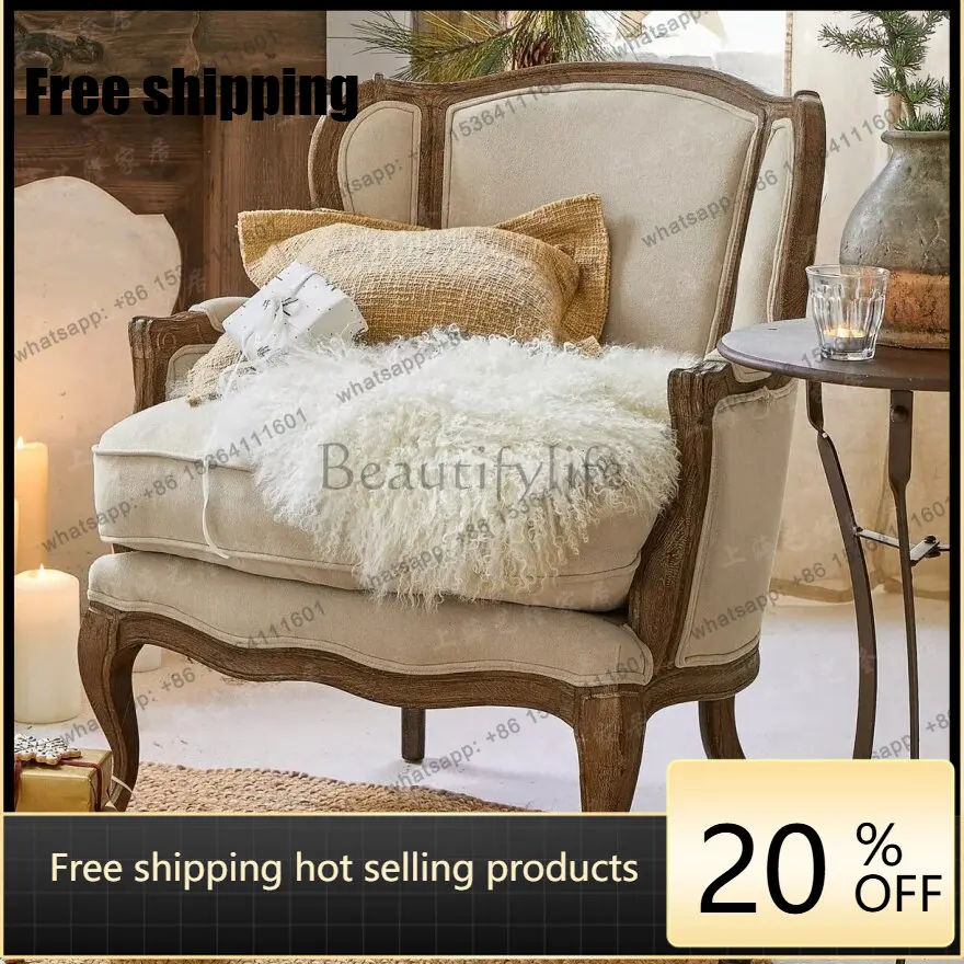 XX Amerikanisches Massivholzsofa, lässiger Stoffbezug, Naturholz, französischer europäischer Stil, Einzelsitzer-Sessel