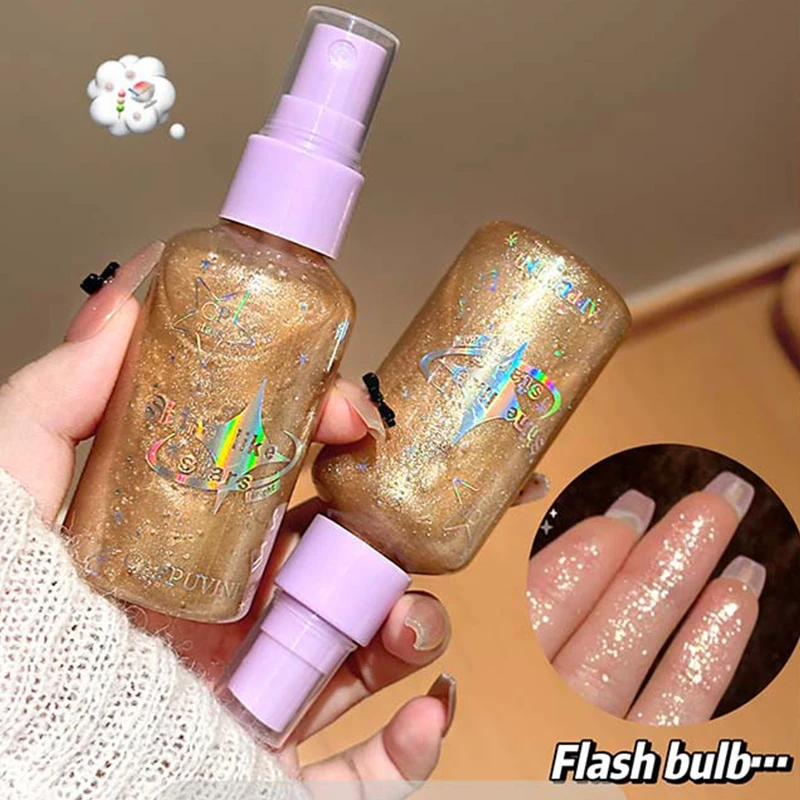 Płynny rozświetlacz w sprayu, brokatowy puder do konturowania twarzy, rozświetlający spray do ciała, szybkoschnący kosmetyk do makijażu z brokatem.