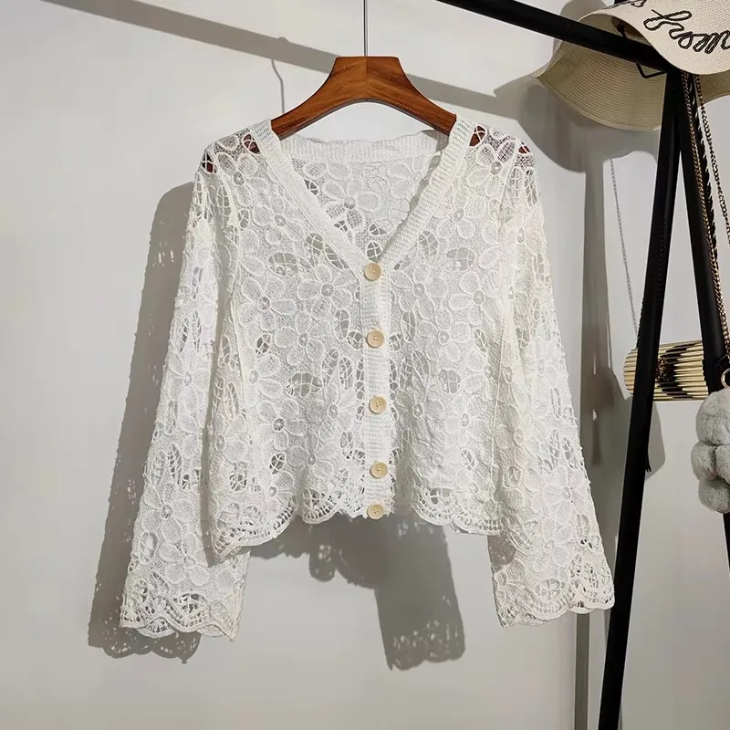 Daisy Embroidery Crochet Top Long Sleeve Button Down V-Neck Sheer Open-knit Blouse Cover Up Women Summer Fairycore Outfit